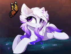 Size: 2050x1566 | Tagged: safe, artist:magnaluna, oc, oc only, oc:cloud cover, butterfly, pegasus, pony, cute, female, flower, flower in hair, grass, grass field, looking at something, lying down, mare, night, prone, smiling, solo