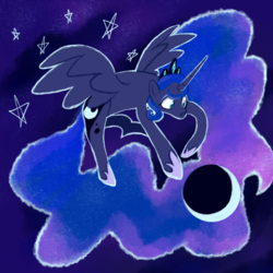 Size: 2000x2000 | Tagged: safe, artist:puddingskinmcgee, princess luna, alicorn, pony, g4, crown, ethereal mane, female, high res, jewelry, mare, moon, night, regalia, solo, spread wings, starry mane, stars, wings