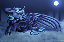Size: 1024x683 | Tagged: safe, artist:artdigistique14, princess luna, alicorn, pony, g4, cloud, curved horn, female, floppy ears, full moon, horn, mare, moon, night, prone, s1 luna, signature, smiling, solo, spread wings, stars, wings