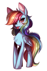 Size: 994x1496 | Tagged: safe, artist:reiishn, rainbow dash, pegasus, pony, g4, :p, chest fluff, cute, dashabetes, female, hair over one eye, mare, signature, silly, simple background, solo, tongue out