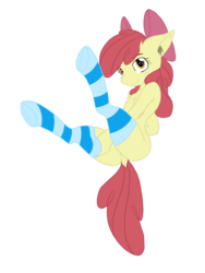 Size: 3024x4032 | Tagged: safe, artist:steelsoul, apple bloom, earth pony, pony, g4, apple bloom's bow, bloom butt, bow, butt, chest fluff, clothes, dock, ear fluff, featureless crotch, female, hair bow, implied foalcon, legs in air, looking at you, plot, simple background, socks, solo, striped socks, transparent background