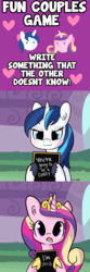 Size: 1650x4950 | Tagged: safe, artist:dsp2003, artist:tjpones edits, edit, edited edit, princess cadance, shining armor, alicorn, pony, unicorn, g4, :3, chalkboard, comic, ear fluff, edit of an edit of an edit, female, fun couples game meme, game, gleaming shield, heart, hoof hold, hoof shoes, implied flurry heart, implied infidelity, implied pregnancy, implied straight, infertility, inverted mouth, lesbian, male, mare, meme, open mouth, pregnant, prince bolero, rule 63, ship:shiningcadance, shipping, straight, surprised, this will end in divorce, unshorn fetlocks