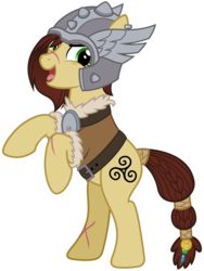 Size: 2400x3200 | Tagged: safe, alternate version, artist:cheezedoodle96, idw, steela oresdotter, earth pony, pony, g4, legends of magic #2, my little pony: legends of magic, spoiler:comic, .svg available, armor, braid, braided tail, clothes, coin, ear piercing, earring, female, hair over one eye, helmet, high res, idw showified, jewelry, looking at you, mare, messy mane, mighty helm, open mouth, piercing, rearing, scar, simple background, solo, svg, tail wrap, tongue out, transparent background, triskelion, vector