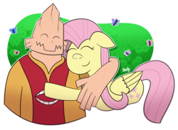 Size: 3000x2200 | Tagged: safe, artist:b-cacto, fluttershy, butterfly, human, g4, crossover, cute, daaaaaaaaaaaw, high res, hug, koji koda, koji's hero costume, my hero academia, simple background, transparent background