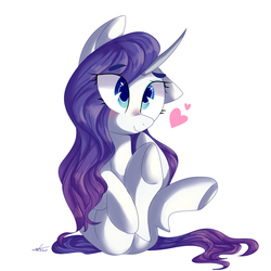 Size: 1500x1500 | Tagged: safe, artist:dddreamdraw, rarity, pony, unicorn, g4, blushing, cute, eye clipping through hair, female, heart, mare, simple background, solo, white background