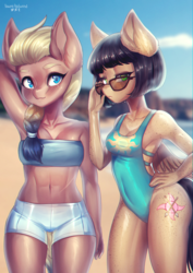 Size: 2895x4092 | Tagged: safe, artist:tawni-tailwind, oc, oc only, oc:pepper spice, oc:valiant frost, earth pony, pegasus, anthro, abs, anthro oc, armpits, beach, belly button, blue eyes, body freckles, braid, clothes, cutie mark, duo, ear freckles, female, freckles, green eyes, hand on hip, mare, midriff, muscles, one-piece swimsuit, open-back swimsuit, pair, ponytail, princess celestia's cutie mark, short hair, short mane, shorts, shoulder freckles, sunglasses, swimsuit, thigh gap, thighs