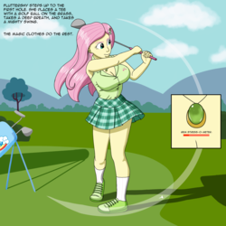 Size: 2000x2000 | Tagged: safe, artist:someguy88, fluttershy, comic:a wedge between seams, equestria girls, g4, big breasts, blouse, breasts, busty fluttershy, cleavage, clothes, comic, cute, cutie mark, female, golf, golf club, high res, jewelry, legs, magic clothes, miniskirt, pendant, plaid, plaid skirt, pleated skirt, puttershy, shoes, skirt, skirt lift, socks, speech bubble, sports