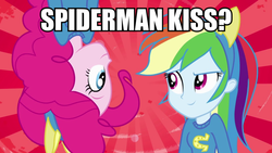 Size: 900x506 | Tagged: safe, edit, edited screencap, screencap, pinkie pie, rainbow dash, equestria girls, g4, my little pony equestria girls, clothes, female, helping twilight win the crown, image macro, lesbian, looking at each other, meme, ship:pinkiedash, shipping, smiling, sunburst background, sweater, upside down, wondercolts