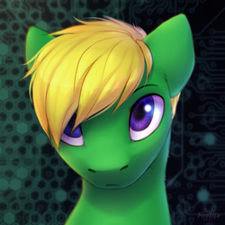 Size: 900x900 | Tagged: safe, artist:fenwaru, oc, oc only, oc:rail, pony, abstract background, bust, green, icon, looking at you, purple eyes, solo, ych result