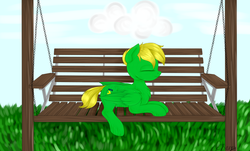 Size: 1024x618 | Tagged: safe, artist:cherry, oc, oc only, oc:rail, pegasus, pony, bench, blue sky, grass, solo, swing, ych result