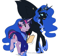 Size: 1280x1226 | Tagged: safe, artist:prince-cobalt, artist:silfoe, color edit, edit, nightmare moon, twilight sparkle, alicorn, pony, unicorn, moonsetmlp, g4, alternate hairstyle, alternate timeline, alternate universe, clothes, colored, crown, dress, ethereal mane, female, glowing horn, hoof shoes, horn, jewelry, looking at each other, magic, mare, moon, regalia, short tail, simple background, slit pupils, spread wings, telekinesis, tumblr, unicorn twilight, white background, wings