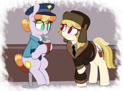 Size: 1220x905 | Tagged: safe, artist:shinodage, copper top, march gustysnows, earth pony, pony, g4, blushing, chair, clothes, coat, coffee, cup, cute, cutie mark, duo, fargo, female, hat, mare, necktie, police officer, police pony, shirt, sitting, smiling, stool, ushanka