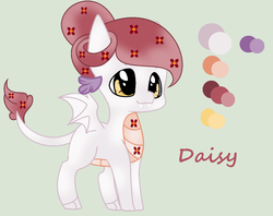 Size: 1312x1040 | Tagged: safe, artist:mlp-awesomebases, oc, oc only, oc:daisy, dracony, hybrid, base used, color palette, fangs, flower, flower in hair, green background, interspecies offspring, leonine tail, offspring, parent:spike, parent:tree hugger, parents:spikehugger, simple background, solo