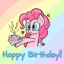 Size: 768x768 | Tagged: safe, artist:fork, pinkie pie, earth pony, pony, g4, abstract background, birthday cake, cake, female, food, happy birthday, hoof hold, looking at you, solo