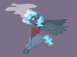 Size: 1024x765 | Tagged: safe, artist:ashidaii, oc, oc only, oc:floral rift, pegasus, pony, clothes, female, gray background, mare, pants, shirt, simple background, smoking, solo