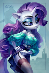 Size: 1771x2598 | Tagged: safe, artist:holivi, rarity, unicorn, anthro, g4, belt, clothes, ear piercing, earring, female, garter belt, garters, jewelry, mare, piercing, puffy sleeves, shoulderless, skirt, skirt lift, solo, stockings, thigh highs, thighs