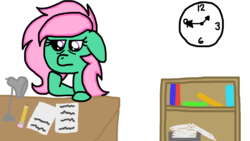 Size: 1920x1080 | Tagged: safe, artist:cherry1cupcake, oc, oc only, oc:cherrycupcake, pony, book, bookshelf, clock, desk, essay, paper, pencil, solo, thinking, tired, writing