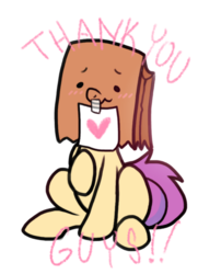 Size: 650x900 | Tagged: safe, artist:paperbagpony, oc, oc only, oc:paper bag, pony, blushing, heart, paper bag, simple background, sitting, solo, thank you, white background