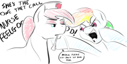 Size: 1530x774 | Tagged: safe, artist:testostepone, nurse redheart, rainbow dash, earth pony, pegasus, pony, g4, dialogue, dr feelgood, motley crue, sketch, song reference