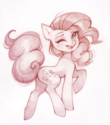 Size: 1363x1540 | Tagged: safe, artist:lispp, pinkie pie, earth pony, pony, g4, ear fluff, female, gift art, looking at you, looking back, looking back at you, mare, monochrome, one eye closed, open mouth, pencil drawing, raised hoof, simple background, sketch, smiling, solo, traditional art, white background, wink