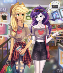 Size: 1300x1500 | Tagged: safe, artist:tcn1205, applejack, rarity, human, equestria girls, g4, bag, blushing, clothes, cute, drink, female, freckles, humanized, jackabetes, jewelry, lesbian, midriff, necklace, pony coloring, pretty, purse, raribetes, ship:rarijack, shipping, shopping, shopping bag, short shirt, skirt, store, sunglasses, thought bubble, zipper, zipper skirt