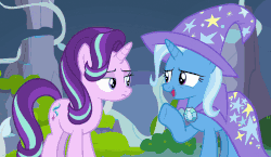 Size: 854x497 | Tagged: safe, screencap, starlight glimmer, trixie, pony, unicorn, g4, to change a changeling, animated, duo, female, looking at each other, starlight glimmer is not amused, unamused