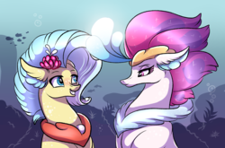 Size: 2653x1755 | Tagged: safe, artist:marbola, princess skystar, queen novo, fish, seapony (g4), g4, my little pony: the movie, female, looking at each other, mother and daughter, underwater