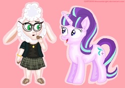 Size: 549x384 | Tagged: safe, artist:blossombright, starlight glimmer, pony, sheep, unicorn, g4, bipedal, clothes, cloven hooves, crossover, dawn bellwether, disney villains, duo, female, furry, glasses, mare, pink background, plaid skirt, pleated skirt, simple background, skirt, zootopia