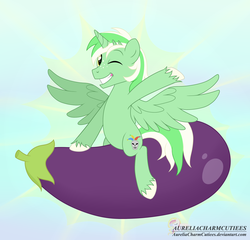 Size: 2440x2347 | Tagged: safe, artist:raspberrystudios, oc, oc only, oc:jester pi, pegasus, pony, commission, eggplant, food, grin, high res, male, one eye closed, pegacorn, riding, smiling, stallion, wink