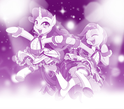 Size: 1135x1000 | Tagged: safe, artist:dstears, coloratura, rarity, earth pony, pony, unicorn, g4, bipedal, clothes, crossover, cute, dancing, eyes closed, female, idol, lapis re:lights, mare, microphone, monochrome, purple, rarabetes, raribetes, singing, skirt, stockings, thigh highs