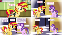 Size: 2564x1444 | Tagged: safe, artist:hakunohamikage, starlight glimmer, sunset shimmer, pony, unicorn, ask-princesssparkle, g4, ask, comic, female, insanity, mare, snaplight glimmer, tumblr, wheelchair