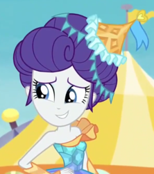 Size: 595x671 | Tagged: safe, screencap, rarity, equestria girls, equestria girls specials, g4, my little pony equestria girls: better together, my little pony equestria girls: rollercoaster of friendship, alternate clothes, alternate hairstyle, bare shoulders, beautiful, breasts, carousel dress, clothes, cropped, cute, dress, female, grin, hand on hip, off shoulder, raribetes, smiling, solo