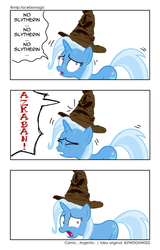 Size: 800x1250 | Tagged: safe, artist:mlpfbismagic, trixie, pony, unicorn, g4, comic, dialogue, funny, harry potter (series), hat, missing accessory, sorting hat, speech bubble, sweat