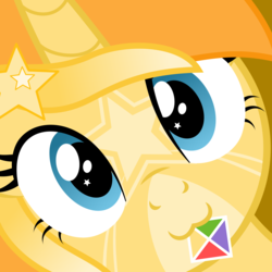 Size: 1500x1500 | Tagged: safe, artist:arifproject, oc, oc only, oc:favourite, pony, derpibooru, :3, close-up, cute, decal, derpibooru ponified, hi anon, meme, meta, mouth hold, ponified, simple background, smiling, solo, starry eyes, wingding eyes