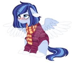 Size: 1024x832 | Tagged: safe, artist:azure-art-wave, oc, oc only, oc:azure, pegasus, pony, clothes, female, mare, scarf, simple background, sitting, solo, spread wings, sweater, transparent background, watermark, wings