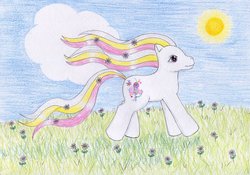 Size: 1024x718 | Tagged: safe, artist:normaleeinsane, silly sunshine, earth pony, pony, g3, cloud, female, flower, grass, solo, sun, traditional art