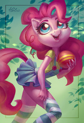Size: 1771x2598 | Tagged: safe, artist:holivi, pinkie pie, earth pony, anthro, g4, ball, clothes, cute, diapinkes, female, high res, socks, solo, stockings, striped socks, thigh highs
