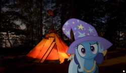 Size: 4110x2390 | Tagged: safe, artist:potato22, trixie, pony, unicorn, g4, bag, camping, female, forest, irl, looking at you, mare, photo, ponies in real life, solo, tent, tree, vector