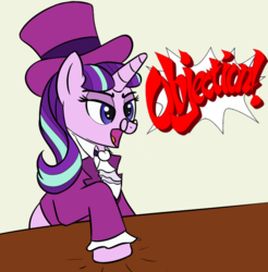 Size: 768x780 | Tagged: artist needed, safe, snowfall frost, starlight glimmer, pony, unicorn, g4, ace attorney, clothes, drawthread, female, glasses, hat, mare, objection, solo, table, top hat