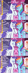 Size: 1098x2799 | Tagged: safe, artist:mickeymonster, color edit, edit, rainbow dash, rarity, pegasus, pony, unicorn, g4, carousel boutique, colored, comic, female, frown, mare, name pun, pun, smiling, smirk, text