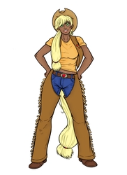 Size: 900x1238 | Tagged: safe, artist:aphexangel, artist:danerboots, applejack, human, g4, belt, boots, chaps, clothes, cowboy boots, dark skin, female, humanized, jeans, midriff, open mouth, pants, simple background, solo, tailed humanization, vest, white background