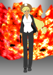 Size: 2480x3507 | Tagged: safe, artist:loudnoises, artist:nkpunch, applejack, human, g4, badass, clothes, cool guys don't look at explosions, crossover, explosion, female, gray background, gun, handgun, hat, high res, humanized, john wick, parody, pistol, simple background, solo, suit, walking away from explosion, weapon