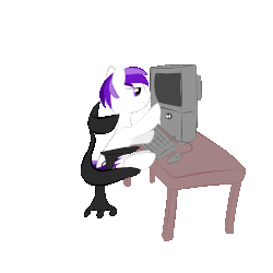Size: 1000x1000 | Tagged: safe, artist:lunarmoonponi, oc, oc only, oc:puff smarts, pony, animated, annoyed, colt, computer, male, simple background, sitting, solo, table, transparent background, typing