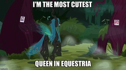 Size: 888x499 | Tagged: safe, edit, edited screencap, screencap, pinkie pie, queen chrysalis, rarity, changeling, changeling queen, g4, the mean 6, cute, cutealis, everfree forest, female, image macro, meme, prancing, solo, tree