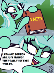 Size: 760x1015 | Tagged: safe, artist:quarium edits, bon bon, lyra heartstrings, sweetie drops, pony, unicorn, g4, 2 panel comic, aged like milk, anti-shipping, bipedal, book, comic, ed edd n eddy, exploitable meme, facts, female, glare, hilarious in hindsight, hoof hold, jossed, lidded eyes, lyra's fact book, mare, meme, op is a duck, op is trying to start shit, op is wrong, op started shit, op was wrong, smiling, smirk, twilight's fact book