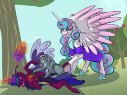 Size: 2732x2048 | Tagged: safe, artist:percy-mcmurphy, princess flurry heart, oc, oc:alistair, oc:greyscale, alicorn, changedling, changeling, changepony, dracony, hybrid, pony, g4, american football, antennae, apple, apple tree, colored sclera, cousins, fangs, food, glowing horn, high res, hoof shoes, horn, hybrid wings, insect wings, interspecies offspring, lying down, magic, next generation, offspring, parent:silver spoon, parent:spike, parent:thorax, parent:twilight sparkle, parents:silverspike, parents:twirax, playing, size difference, sports, spread wings, telekinesis, tree, trio, wings