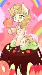 Size: 2000x3556 | Tagged: safe, artist:yunyeyoung, sweet biscuit, pony, unicorn, g4, :3, apple, cake, candy, clothes, donut, female, food, heart, high res, kneeling, mare, socks, solo