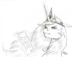 Size: 1400x1028 | Tagged: safe, artist:baron engel, princess celestia, pony, g4, annoyed, crown, female, floppy ears, glowing horn, horn, jewelry, letter, looking at you, looking back, looking back at you, magic, mare, monochrome, pencil drawing, regalia, simple background, sketch, solo, telekinesis, traditional art, white background