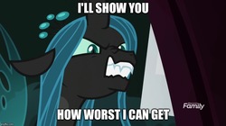 Size: 888x499 | Tagged: safe, edit, edited screencap, screencap, queen chrysalis, changeling, changeling queen, g4, the mean 6, angry, discovery family logo, engrish, everfree forest, female, image macro, meme, sharp teeth, teeth