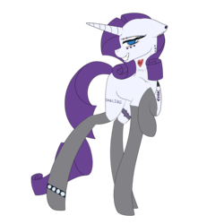 Size: 3000x3000 | Tagged: safe, alternate version, artist:icicle-niceicle-1517, artist:jessy2015, color edit, edit, rarity, pony, unicorn, g4, anklet, bedroom eyes, clothes, collaboration, colored, ear piercing, earring, eyebrow piercing, eyeshadow, female, goth, grin, heart, high res, implied applejack, implied lesbian, implied rarijack, implied shipping, jewelry, makeup, mare, piercing, simple background, smiling, snake bites, socks, solo, spiked wristband, stockings, tattoo, thigh highs, transparent background, wristband